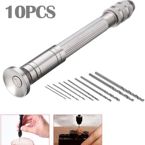 Mini Micro Aluminum Hand Drill With Keyless Chuck +10Pcs Twist Drill Bit Set Holder Woodworking Drilling Rotary Tools Hand Drill