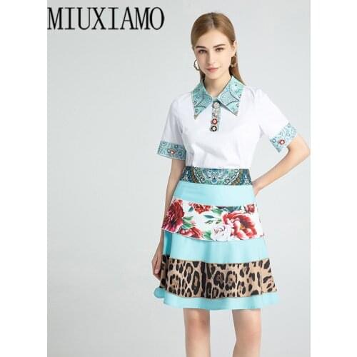 MIUXIMAO Best Quality 2021 Office Lady SpringTwinset Elegant Half Sleeve Top Luxury Flower Leopard Print Suits Women Vestido