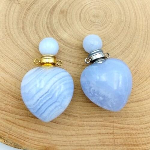Natural Gems stone Perfume Bottle Agates Pendant Heart shape Essential Oil Meditation Jewelry charm Blue Lace Agates Necklace