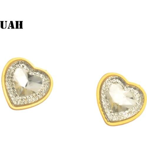 UAH Romantic Shining White AAA Zirconia Heart Stud Earrings For Women Gold Filled Bridal Engagement Stainless steel Jewelry
