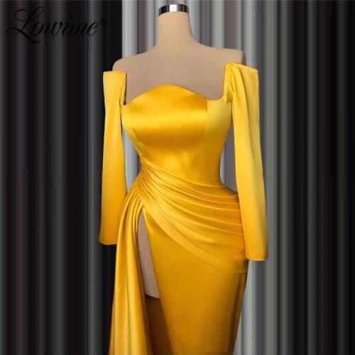 Sexy Gold Mermaid Evening Dresses With High Split Side Sweep Train Long Prom Dresses 2020 Customized Arabic African Party Gowns