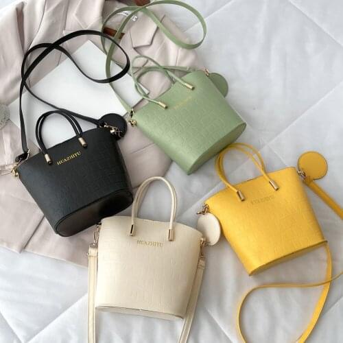 2021 Retro Bucket Design Handbags Women PU Leather Solid Color Crossbody Shoulder Messenger Bag Ladies Purse with Round Pendant