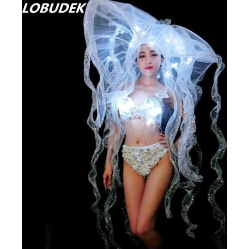 LED Big Hat White Pearls Bra Bikini Women DJ Costume Nightclub Bar Lady Singer Dancer DS Stage Outfit Models Catwalk Dance Wear