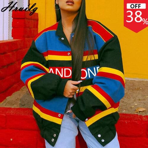 Loose Woman Jacket Color Matching Patchwork Stand Collar Letter Striped Print Streetwear Casual Jackets Winter Coat Women