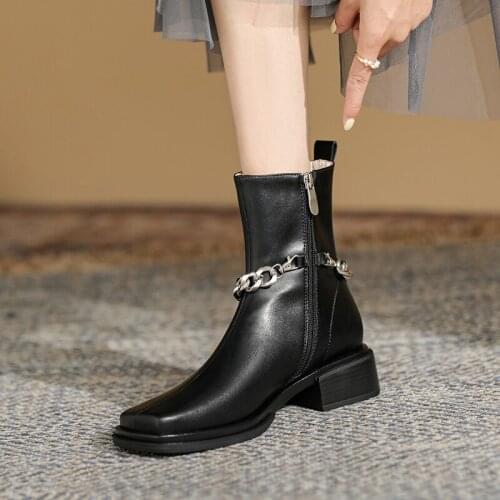 Bottes femme new winter shoes womens ankle boots genuine leather metal chain British style motorcycle boots female riding boots