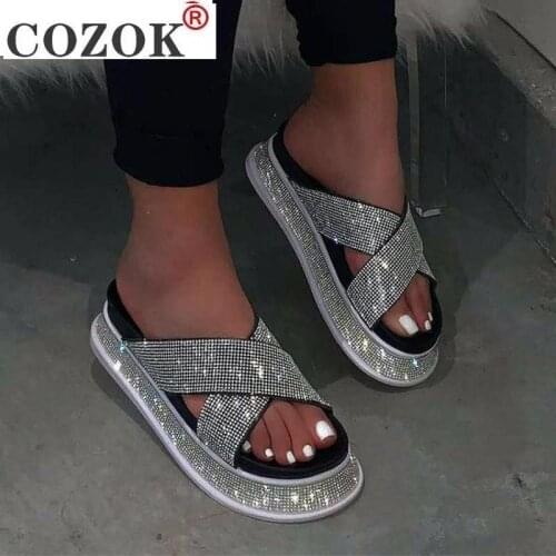 Women Summer Sandals Flats Shoes Woman Sexy Party Plus Size Shiny Crystal Slippers Slides Sandalias Mujer Sapato Feminino