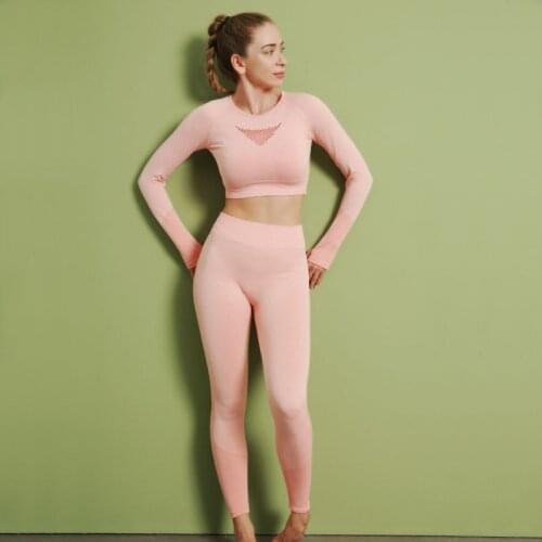 Women 2pcs Seamless Gym Set Sport Suit Sport Wear Workout Clothes Long Sleeve Crop Top High Waist Leggings Fitness Workout Wear