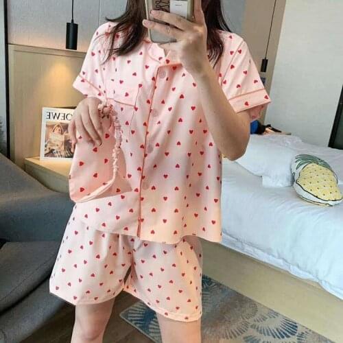 Women Pajamas Suit Korean Style Lapel Short Sleeves Prints Home Wear Loose Casual Top Shorts Blindfold 3 Pcs Sleepwear Set