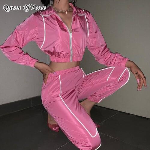 2 Piece Set Women Long Sleeve Zipper Short Jacket And Pant Suit 2021 New Fashion Reflection Casual Tracksuit Pants Outfits 3XL