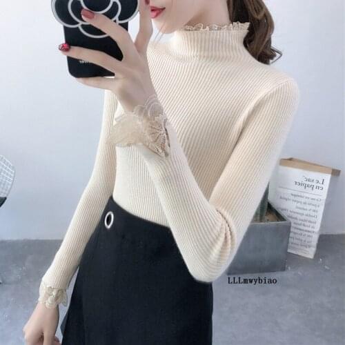 Women Lace Splice Turtleneck Full Sleeve Autumn Sweater 2020 Winter Warm Knit Elastic Basic Solid Color Casual Lady Jumper Z447