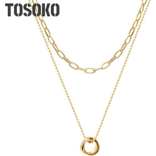 TOSOKO Stainless Steel Jewel Ring Cross Pendant Necklace Double Thick Chain Handsome Necklace For Woman BSP648