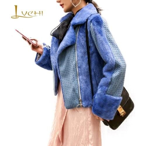 LVCHI 2019 Winter Import Mink Fur Coat Real Fur Coats Women Motor Style Long Sleeve Turn-Down Collar 7Color Short Mink Fur Coats