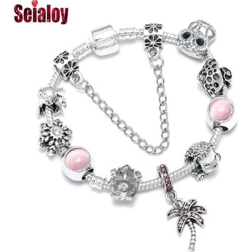 Seialoy Hedgehog Sheep Owl Animal Beaded Pink Palm Tree Charm Bracelets For Women Original Girl New Bracelet Gifts