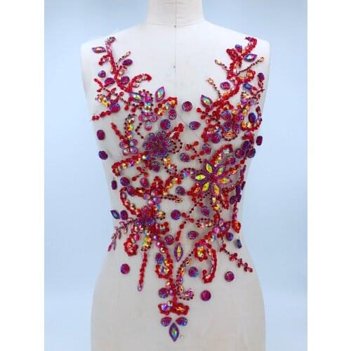 Pure hand red sew on Rhinestones applique on mesh crystals patches trim 50*30cm dress accessory