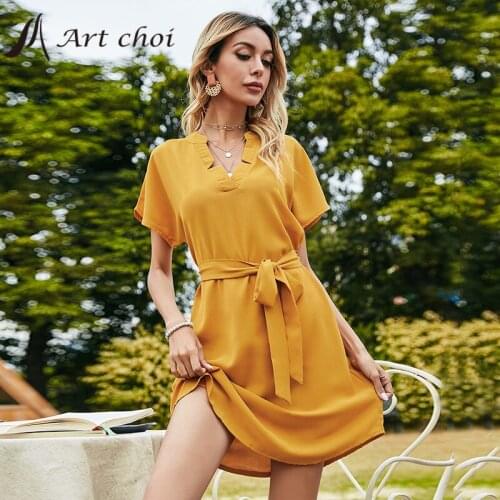 Elegant Women Summer Mini Dress Solid Beach V-Neck Butterfly Sleeve Ladies Vacation Boho A-Line Party Bandage Belt Cosy Vestido