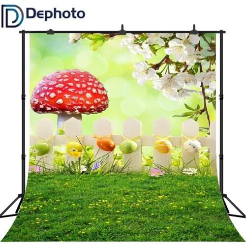 Dephoto Photography Backdrops green bokeh mushroom fence grassland colorful egg baby child Easter Photo Background photophone