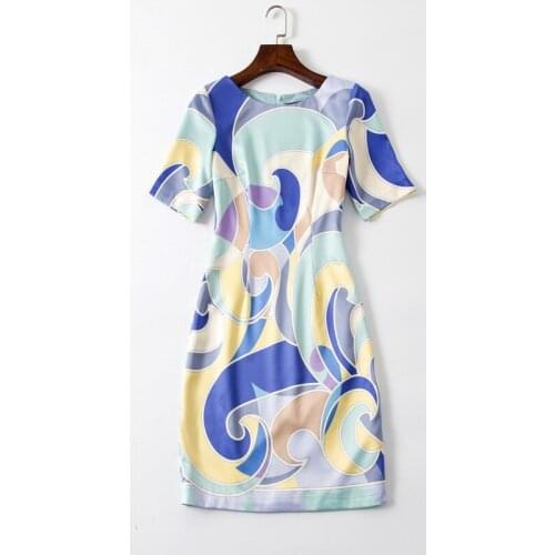 Hot Sale Geometric Print Women Dress Fashion O-Neck Short Sleeve OL Dresses 3183