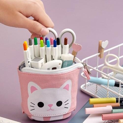 1pc Pencil Bag Case Cartoon Cute Cat Bear Sheep Canvas Fold Standing Holder Stationery Organizer Kids Kawaii Gift A6445
