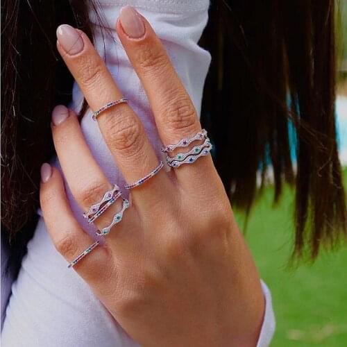 Micro Pave Red Green Blue Color Rainbow CZ Rings 2021 New High Quality Turkish Evil Eye Stacking Band Cz Engagement Jewelry