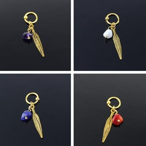 Stainless steel Dangle nose ring piercing jewelry with feather stone charm hypoallergenic Red Coral purple crystal body piercing