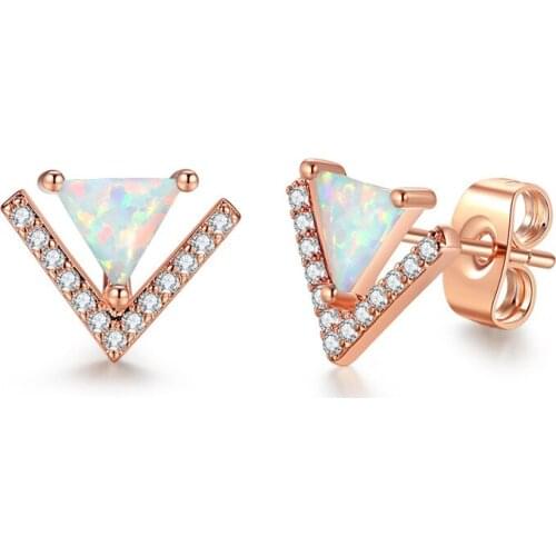 Tiny TRIANGLE OPAL STUD EARRING with Rhinestone Pave White Opal Helix, Conch Pastel Pink Rainbow V Shape Geometric KL39F
