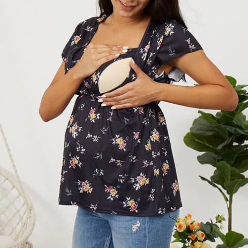 Summer Nursing Top Maternity Clothes Women Pregnant Short Sleeve Ruffle Floral Nursing T-shirt Top For Breastfeeding 2021