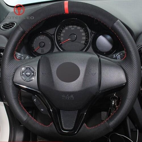 LQTENLEO Black Genuine Leather Suede Steering Wheel Cover for Honda Fit City Jazz 2014-2019 HR-V HRV 2016-2019 Vezel 2015-2017