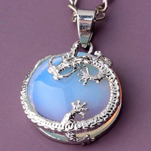 Trendy-beads Vintage Silver Plated Half Ball Opalite Opal Stone Winding Chinese Dragon Pendant For Party Jewelry