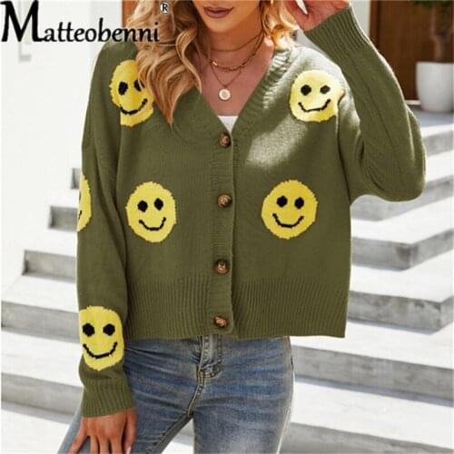 Fashion Smiley Sweater Women Knitted Cardigan Autumn Long Sleeve Loose Sweaters Female V Neck Button Warm Outwear Oversized Tops