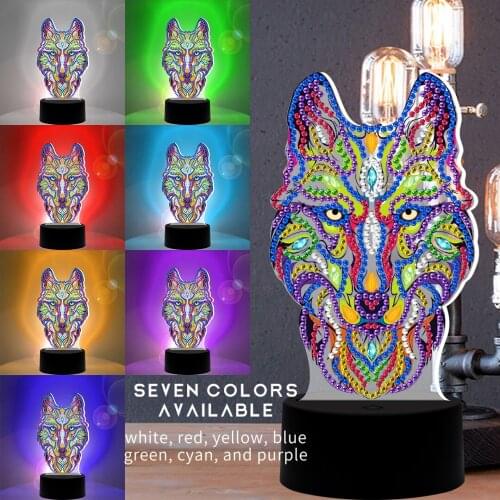 DIY Special Shaped Diamond Painting Wolf LED Night Light Cross Stitch Embroidery Mosaic Kit 7 Colors Home Decoration Lamp Gift