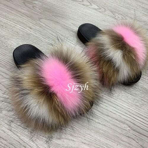 Wholesale Girls Fox Fur Slippers Luxury Fluffy Fur Slides Womens Winter Warm Furry Flip Flops Ladies Plush Sandals Female Shoe