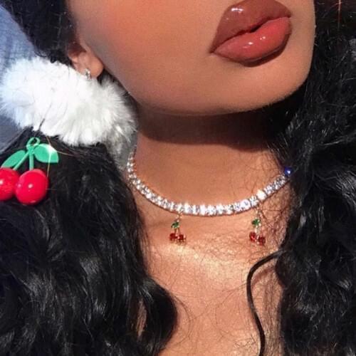 New Korean Fashion Red Cherry Crystal Pendant Necklace for Women Bling Rhinestone Tennis Chain Necklace Luxury Jewelry Gift