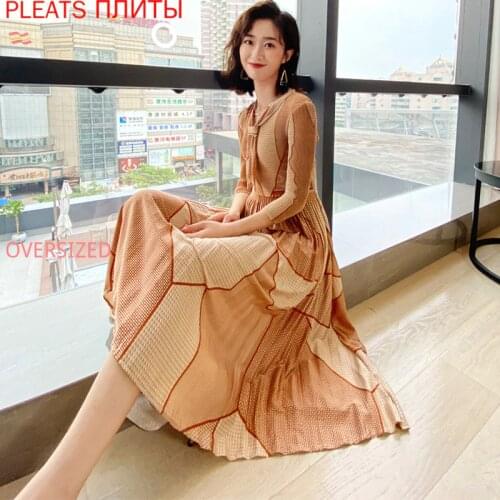 Miyake Pleated Dress Autumn and Winter New Fashion Temperament Slim Chiffon Printed Pleated Dresses Pleats Vestido Fashion Shein