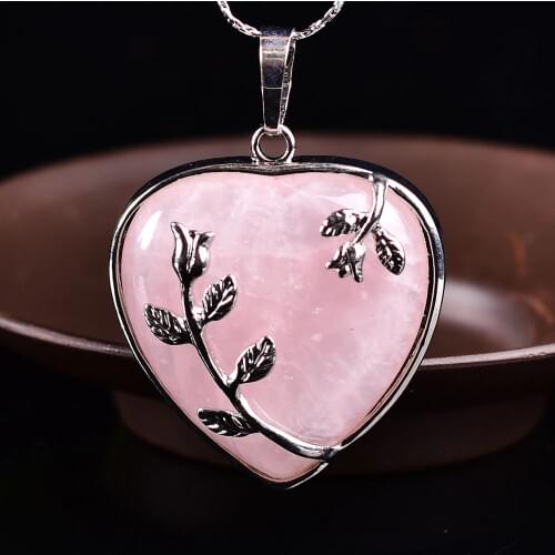 1PC Natural Crystal Rose Quartz Heart Pendant Mineral Jewelry Couple Decoration Christmas DIY Gifts for Men and Women Necklace