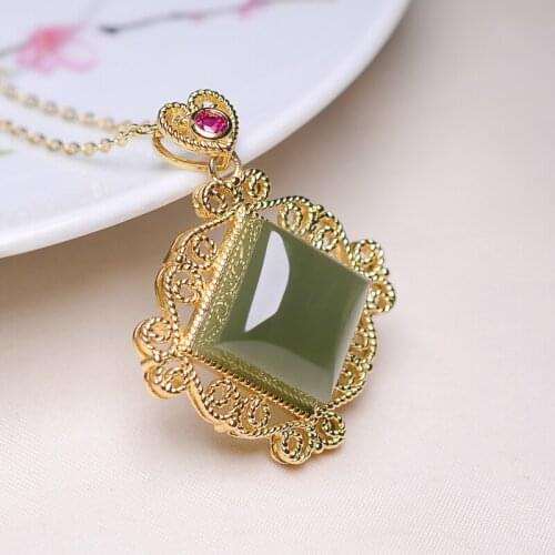 Natural green jade pendant with gold 925 sterling silver necklace square jade necklaces pendants for women marcasite jewelry