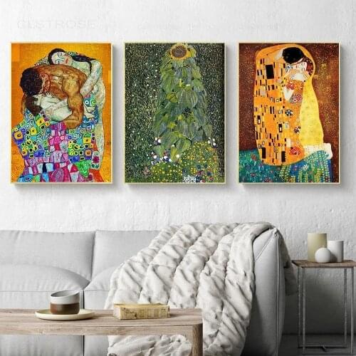 Gustav Klimt Kiss Poster Sunflower Abstract Oil Painting On Canvas Modern Couple Art Wall Pictures for Living Room Decoration