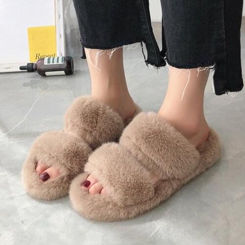 Winter Women House Fuzzy Slippers Fashion Faux Fur Warm Shoes Woman Slip on Flats Female Furry Home Slides Black