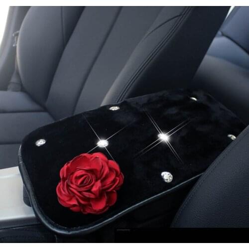 MUNIUREN Winter Plush Universal Car Armrest Pad Covers Flower Rhinestones for Girls Auto Center Console Arm Rest Seat Box Pad