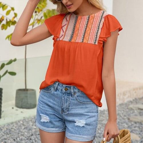 Ethnic Style Round Neck Loose Ruffled Short Sleeves Tops Womens Casual Ruffles Sleeve T-Shirt Fashion Stitching Pullover Top