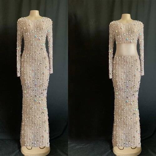 Evening Party Rhinestones Dresses Black Mesh See Through Sparkly Crystals Long Dress Birthday Tassel Stage Costume Fringes Dress