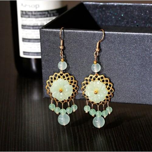 Vintage Natural Green Stone Tassel Dangle Earrings For Women Gold Alloy Flower Drop Earring Fashion Jewelry