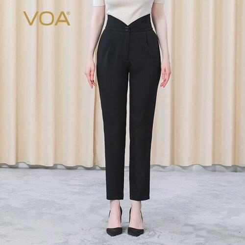 VOA Silk Office Lady Trousers KE370 Petal Waist One Button Zipper Pocket Fold Elastic Black Simple Pencil Pants Women Streetwear