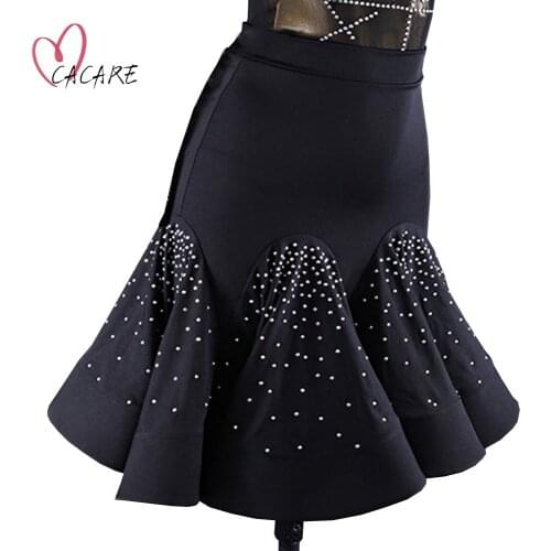 Latin Dance Skirt Shinny for Women Girls Ruffled Hem with Rhinestones Salsa Fringe Tango Dress for Dancing Black D0383 CACARE