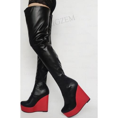 LAIGZEM Women Thigh High Boots Platform Wedges Back Zip Up Over Knee Boots Faux Leather Unisex Shoes Woman Large Size 42 46 52
