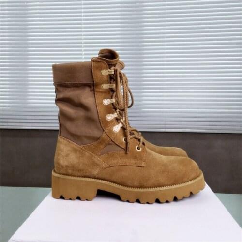 Shoes For Women 2021 Lady Flat Shoes Short Boots OUTDOOR LACE UP BOOT SUEDE CALFSKIN NYLON Tan Luxury Designers Brand