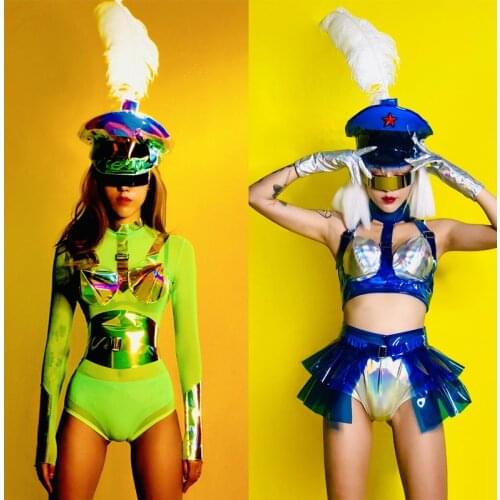 Nightclub Sexy Fluorescent Green Suit Women Bodysuit Big Feather Hat Female Pole Dance Clothing Rave Clothes Gogo Costume XS2556