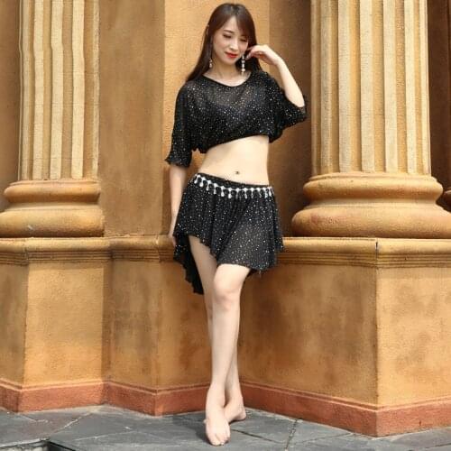 2019 New Women Belly Dance Clothes Sequins Suit 2 Pieces Costume Set Class Wear Plus Size Top & Short Skirt