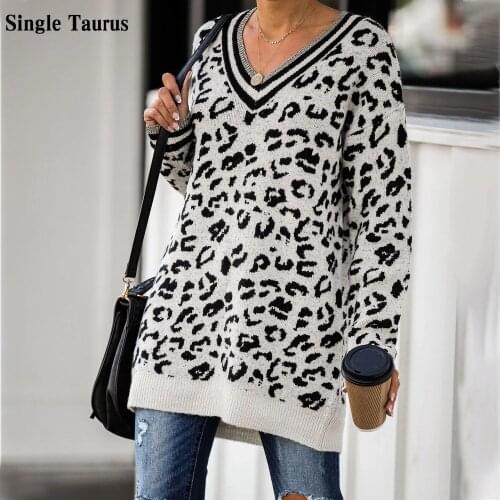Pullover Loose Knit Top 2020 Autumn Winter Long Sleeve Leopard Print Long Length V Neck Streetwear Ladies Knitwear Pull Femme