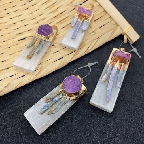 1 Piece of Natural Stone Amethyst Inlaid Pendant Aura Stone Beads Rectangular Ladies' Jewelry Making DIY Necklace Pendant