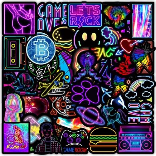 10/30/50/100PCS Neon Light Cartoon Stickers Aesthetic Laptop Car Guitar Phone Cool Graffiti Decal Waterproof Sticker for Kids